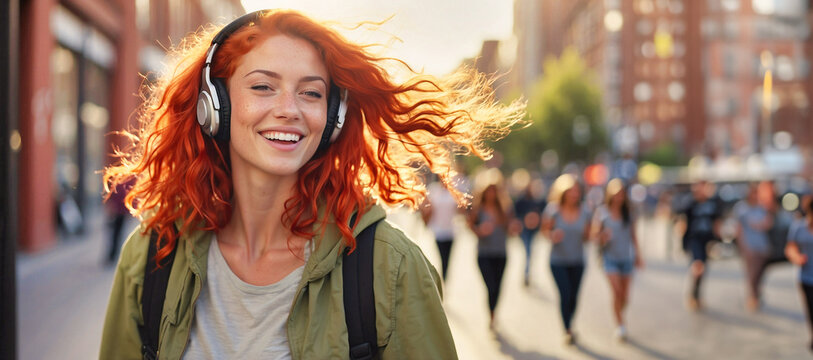 A joyful young woman with red hair and freckles listens to music through headphones connected to her cell phone while walking through the city center. Wellbeing and happiness concept.