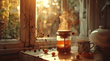 A homely kitchen corner bathed in warm sunlight, featuring a French press coffee maker and a patterned cup, exuding comfort and tranquility.