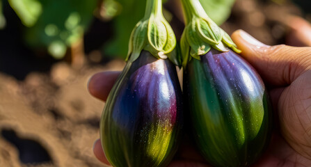 Striped eggplant on a bush in the apartment. Agricultural concept, cultivated vegetables, farmers season