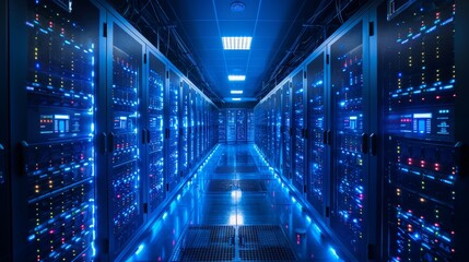 Fototapeta premium The interior of a large modern server room in a futuristic neon light. Cloud data storage or data center