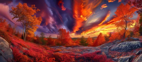 Fototapeten Vibrant and colorful sunset over a picturesque forest landscape © TheWaterMeloonProjec