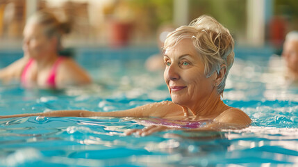 Obraz premium Joyful Seniors Engaged in Water Aerobics Class for Healthy Aging