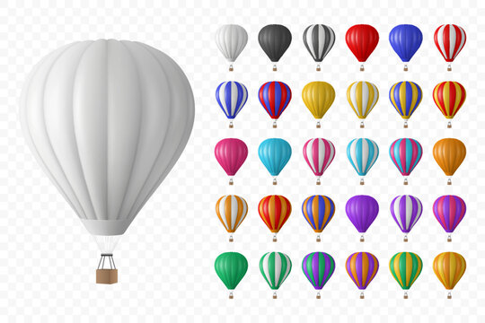 Vector 3d Realistic Hot Air Balloon Icon Set, Isolated. Vector Illustration of an Inflatable Aircraft for Travel, Flight Adventure, Front View. Hot Air Balloons in Different Colors