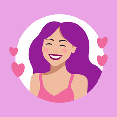 Girl with purple hair with a hearts. Flat vector illustration