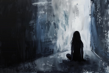 Depression and anxiety, abstract art, paintings, AI created images, dark, moody, empty room, loneliness, extreme sadness, one single person, lonely girl, female - obrazy, fototapety, plakaty