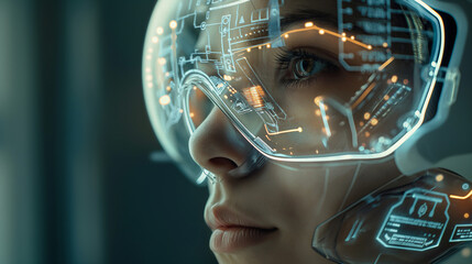 Pretty young woman wearing goggles with futuristic human computer interface. Cyberspace, technology and innovation concept. Generative AI - 752583108
