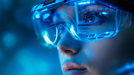 Pretty young woman wearing goggles with futuristic human computer interface. Cyberspace, technology and innovation concept. Generative AI