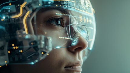 Pretty young woman wearing goggles with futuristic human computer interface. Cyberspace, technology and innovation concept. Generative AI - 752583190