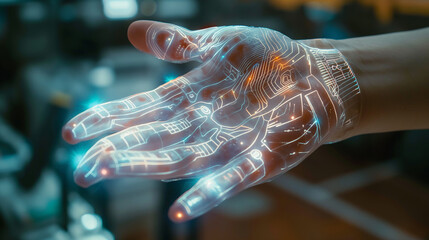 Close up of human palm with futuristic, computer interface. Innovation in technology concept. Generative AI - 752583193