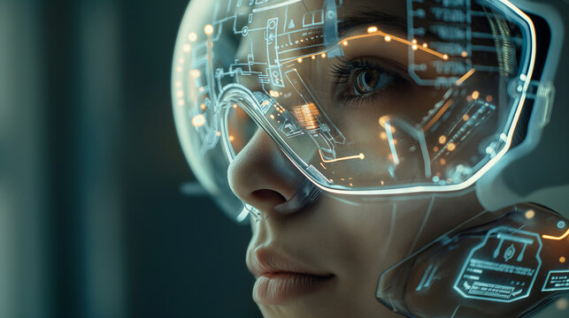 Pretty young woman wearing goggles with futuristic human computer interface. Cyberspace, technology and innovation concept. Generative AI
