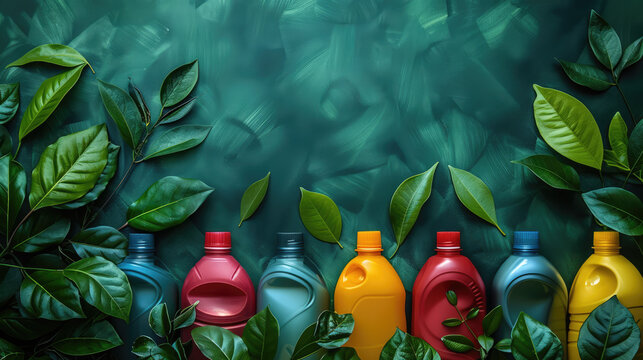 Spring Cleaning concept background with an image of colorful detergent bottles and brushes surrounded by green spring season leaves and copy space
