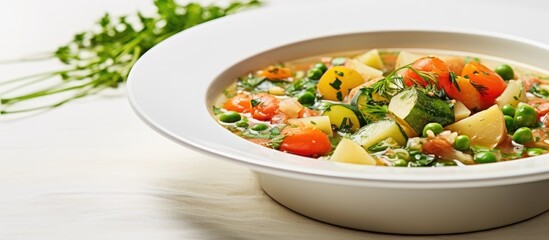 A close-up side view of a white bowl filled with a vegetarian spring soup on a white wooden background, showcasing an assortment of fresh and healthy vegetables simmering in a delicious broth.