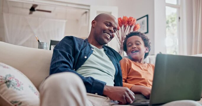 Father, child and laptop or laughing or online movie together or streaming internet, watching or funny. Black man, son and comedy film on sofa for bonding connection in America, relax or subscription