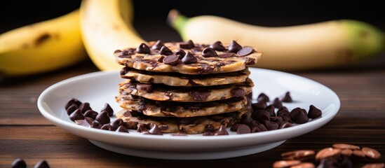 A white plate filled with freshly baked chocolate chip cookies, showcasing their golden-brown color and melty chocolate chips. The cookies are arranged neatly on the plate, ready to be enjoyed as a