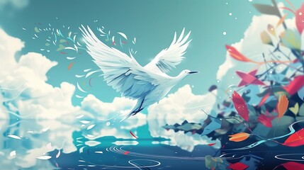 Biały ptak lecący przez pochmurne niebo nad taflą wody, tworząc smugi i gubiąc pióra - obrazy, fototapety, plakaty