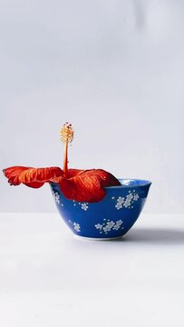 minimal, Japanese bowl, red flower, white background, simplicity, elegance, beauty, floral arrangement, aesthetic, videography, footage, creative, content, camera angle, tabletop, composition, still l