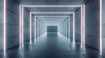 Inside of modern concrete hall, perspective view of garage or hallway, long room of underground building with futuristic led neon light. Concept of tunnel, interior, industry,