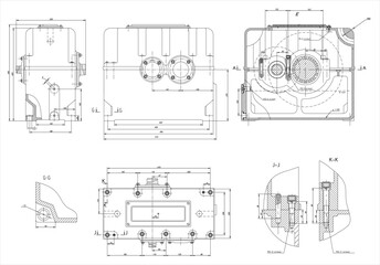 Assembly drawing of reducer.
Vector drawing of steel mechanical device with shaft, gear, 
electric engine, bearing, bolted connection and dimension lines.
Engineering cad scheme. Technical template.