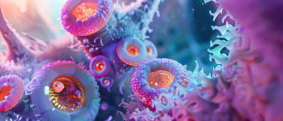 Abstract micro structure background, microscopic view of organic cell, wide banner of microbiology theme. Concept of science, macro, bacteria, microscope, research, biology, nature