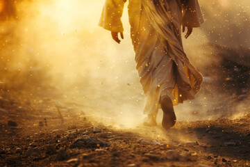 Jesus Christ Walking Alone on Old Pathway in Dust During Sunrise