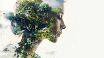 Widok kobiecej twarzy z drzewami w tle, obrazujący harmonijne połączenie człowieka z naturą i uważność. - obrazy, fototapety, plakaty