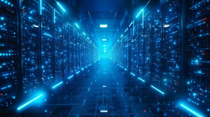 The interior of a large modern server room in a futuristic neon light. Cloud data storage or data center