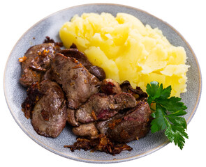 Restaurant serves mashed puree potatoes with fried chicken liver and onion as main course. Dish decorated with parsley leaf. Isolated over white background