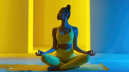 Kobieta wykonuje pozycję jogi siedząc przed tłem w kolorze niebieskim i żółtym. Wyznaje zasady mindfulness i skupia się na medytacyjnych ćwiczeniach. - obrazy, fototapety, plakaty