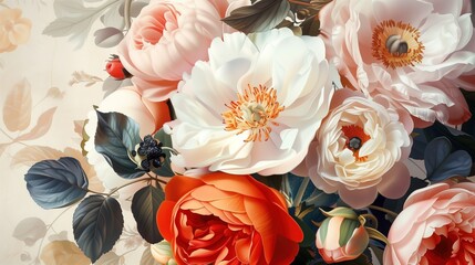 W obrazie przedstawiony jest bukiet kwiatów, różnego rodzaju i kolorów, tworząc kolorowy i dekoracyjny element.