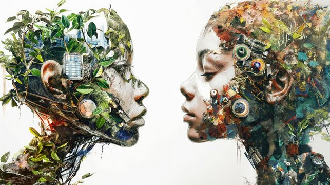 Podw&oacute;jna ekspozycja z jednej strony twarzy z naturą, a z drugiej twarzy z  metalowymi częściami przemysłu niszczącym środowisko