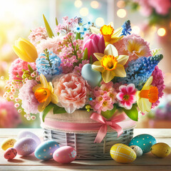 A beautiful Easter flower arrangement featuring a mix of spring flowers like tulips, daffodils, and hyacinths, in pastel colours