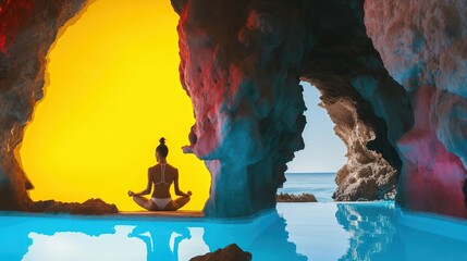 Osoba siedząca w pozycji medytacyjnej w niespotykanie pięknej jaskini z krystalicznie czystą wodą i abstrakcyjnie żółtym pomieszczeniem. - obrazy, fototapety, plakaty