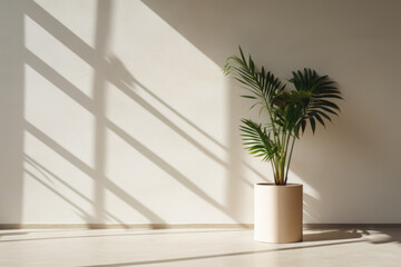Fototapeta na wymiar Beihe living room. Houseplant in flowerpot by window in empty interior with wood floor. Tropical leaves. Background with copyspace