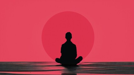 Sylwetka osoby siedzi w pozycji lotosu, przedstawiając praktykę medytacji mindfulness. Osoba jest wyraźnie widoczna w minimalistycznym stylu z czarno różowym motywem - obrazy, fototapety, plakaty