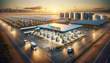 an industrial hydrogen facility with hydrogen tanks featuring a filling station