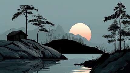 Obraz przedstawia widok zachodu słońca nad spokojnym ciałem wody z samotnym domkiem na wzgórzu. Odcienie pomarańczy i fioletu odbijają się na powierzchni jeziora lub morza.