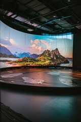 Pantalla gigante en evento tecnológico con un escenario, gran pantalla en una conferencia de tecnología, pantalla grande con un paisaje en un evento - obrazy, fototapety, plakaty