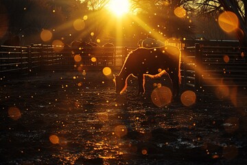 Dramatic flares and sparkling circles surround a silhouette of a horse backlit by the intense sun in a rustic paddock - obrazy, fototapety, plakaty