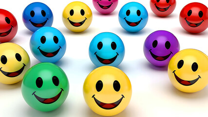 Group of many colorful happy emoticons on white background. Generated by AI.