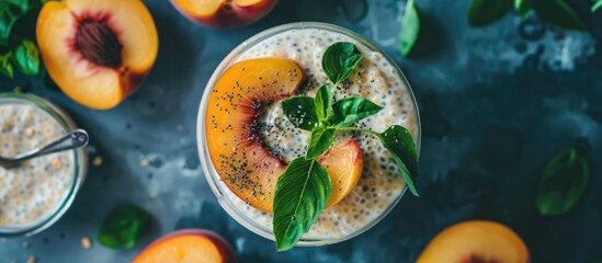 A bowl filled with wholesome oatmeal topped with fresh peaches and sprigs of mint, creating a delightful combination of flavors and textures, ideal for a nutritious breakfast or snack.
