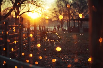 A serene equine ambles within a fenced area as the setting sun casts a golden glow through bare trees, creating magical bokeh - obrazy, fototapety, plakaty