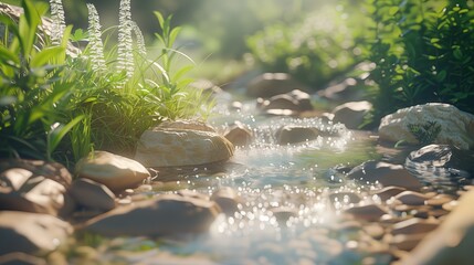 Strumień wody płynący przez gęstą, zieloną naturę, otoczony różnorodnymi roślinami. Woda powoli przepływa między kamieniami, tworząc malowniczy krajobraz przyrody z odbijającymi się promieniami słońca - obrazy, fototapety, plakaty