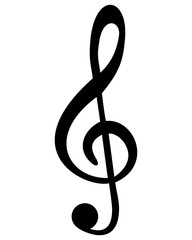 Transparent monochrome PNG of a treble clef as used in sheet music to represent the notes in a song