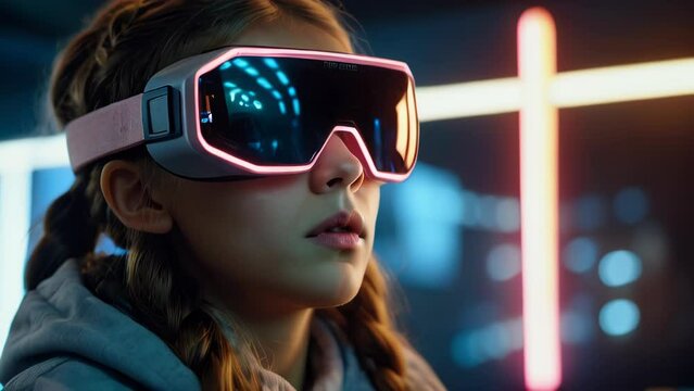 A young girl wearing augmented reality glasses in a computer game in the virtual world