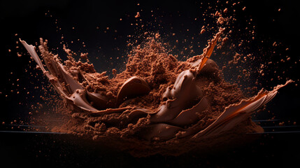Cocoa powder with pieces of chocolate on a black background - obrazy, fototapety, plakaty