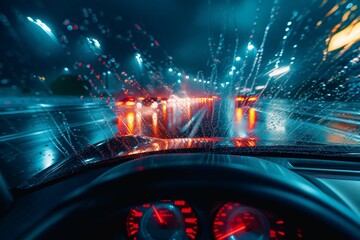 View on road and oncoming traffic in rain through windscreen of moving car - obrazy, fototapety, plakaty
