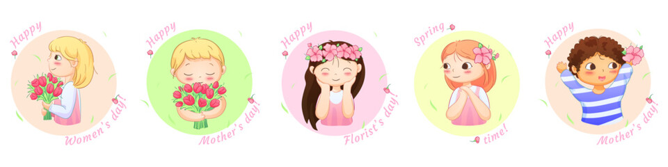 Cute illustrations of boys and girls of various nationalities, perfect for celebrating Mother's Day, International Women's Day, Children's Day, and floral themes.