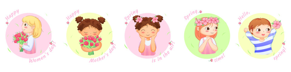 Cute illustrations of boys and girls of various nationalities, perfect for celebrating Mother's Day, International Women's Day, Children's Day, and floral themes.