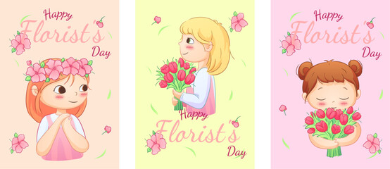 Cute illustrations of boys and girls of various nationalities, perfect for celebrating Mother's Day, International Women's Day, Children's Day, and floral themes.