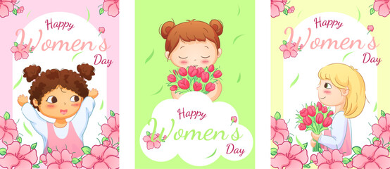 Cute illustrations of boys and girls of various nationalities, perfect for celebrating Mother's Day, International Women's Day, Children's Day, and floral themes.